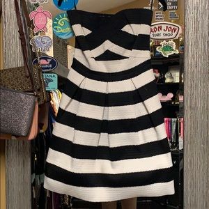 Black and white striped strapless dress